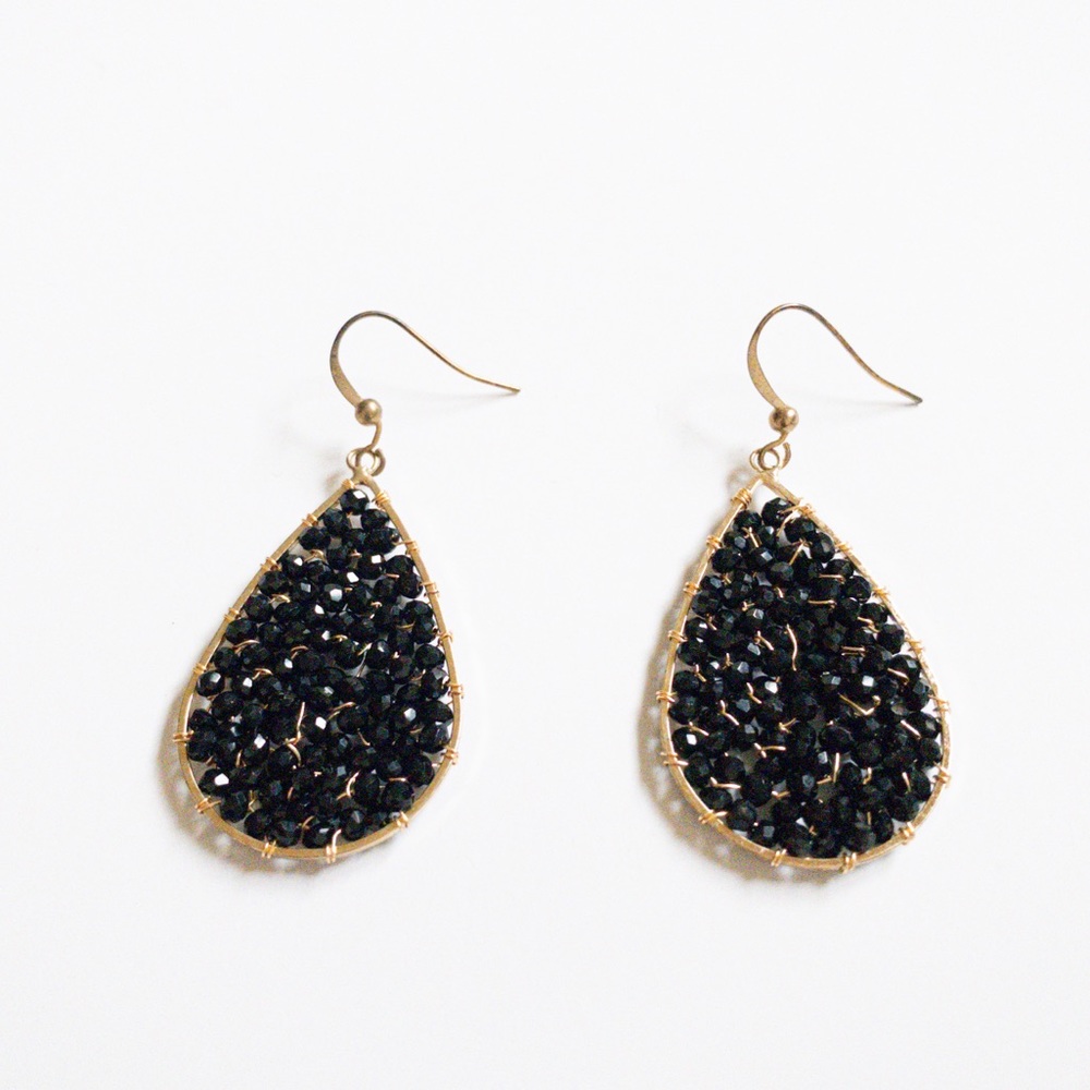 fab’rik Women’s Black Gold Beaded Teardrop Earrings